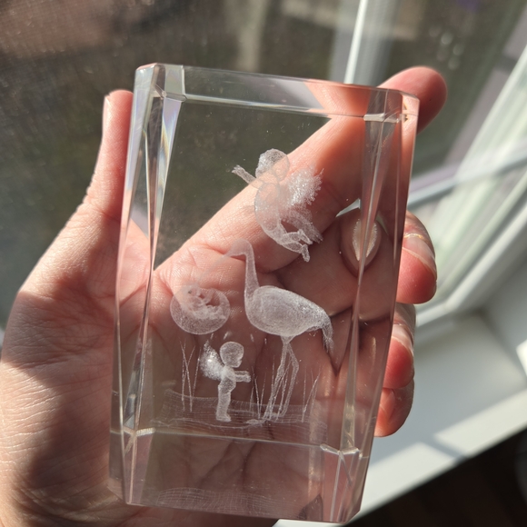 3D Laser Etched Glass Paperweight Cube Art Angel Baby & Stork Crystal Beautiful - Picture 4 of 13